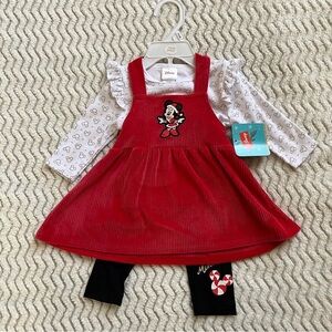 Disney Minnie Mouse Christmas Red/white/black Dress Leggings Set Baby Girl 3/6 M